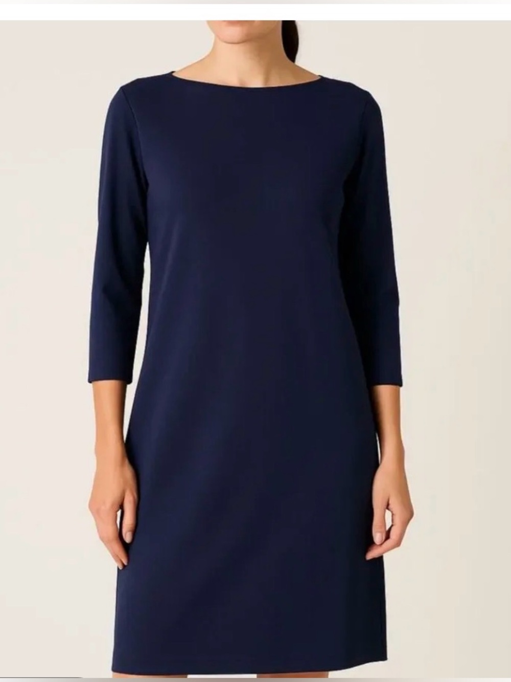 Eileen Fisher SP Navy washable stretch crepe neck 3/4 sleeve classic shift dress